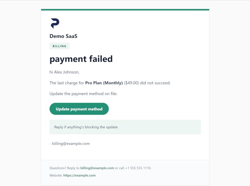 Rendered branded recovery email with company logo and update payment method button