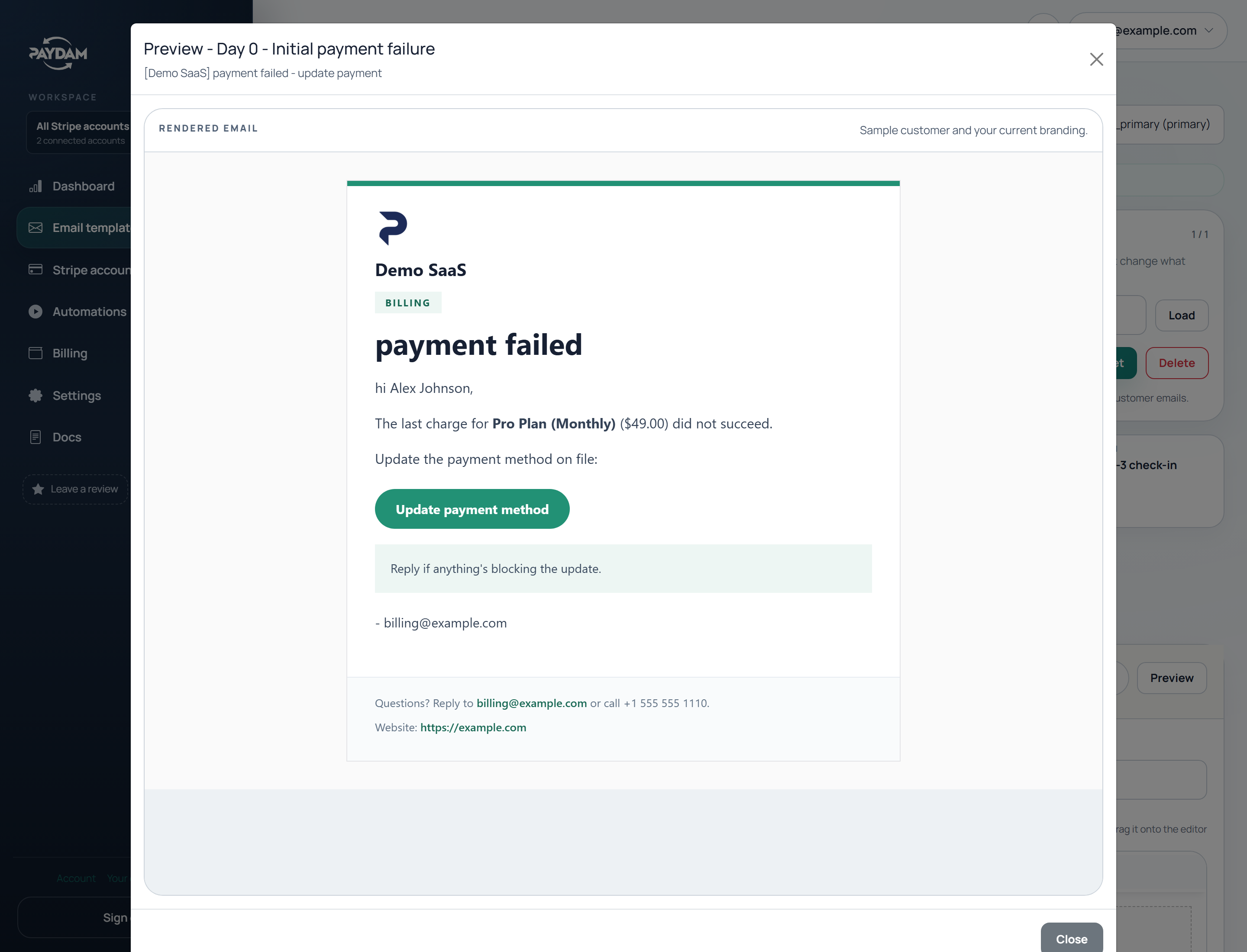 PayDam email template builder with rendered branded email preview