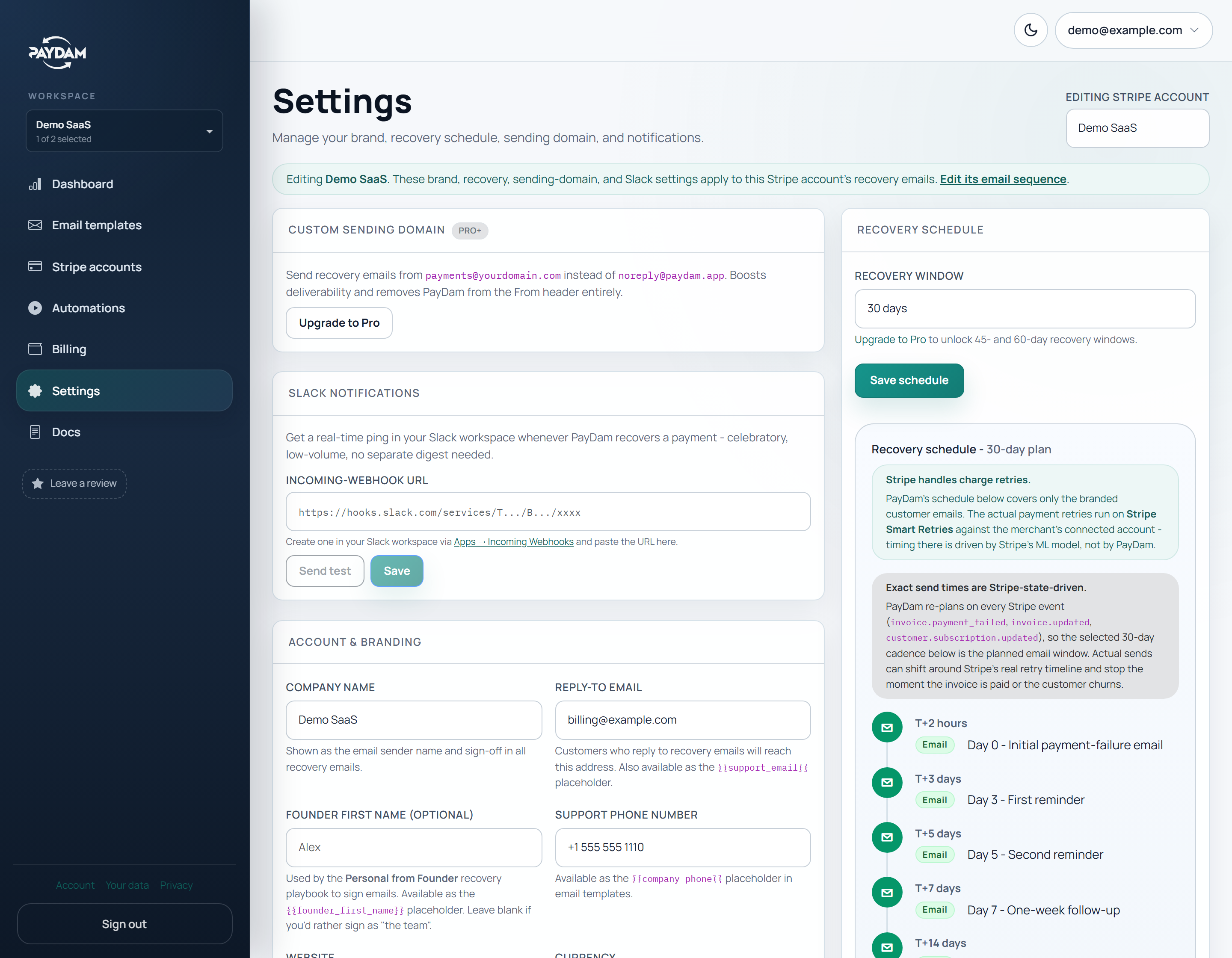 PayDam workspace and Stripe account controls